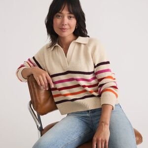 Marine Layer Claire Relaxed Sweater Polo Merino Wool Cotton L Warm Stripe NWT